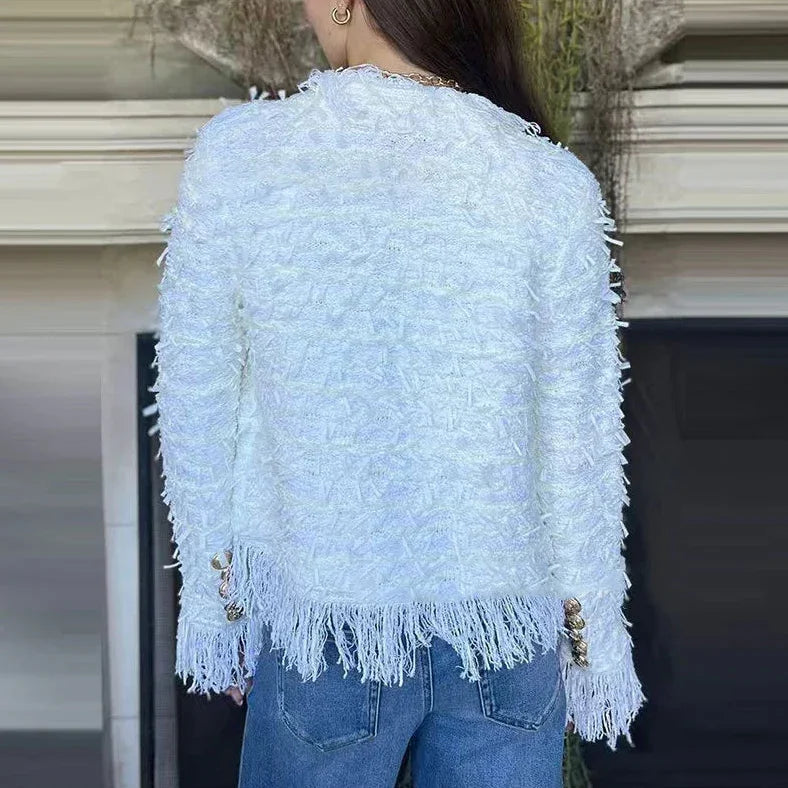 Bellemont™ Jacke aus Premium-Bouclé mit Feinen Fransen und Metallknöpfen / Wo Klassik auf Moderne Trifft!