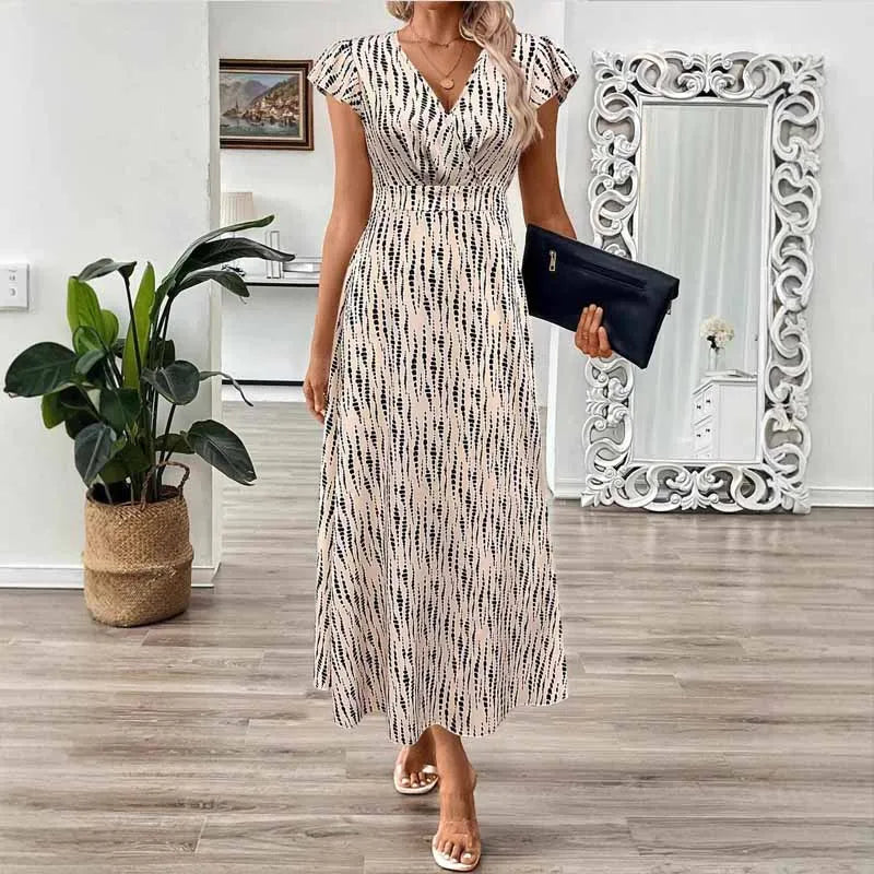 Kleid Celle™ mit kontrastierendem Muster, V-Ausschnitt und Maxilänge