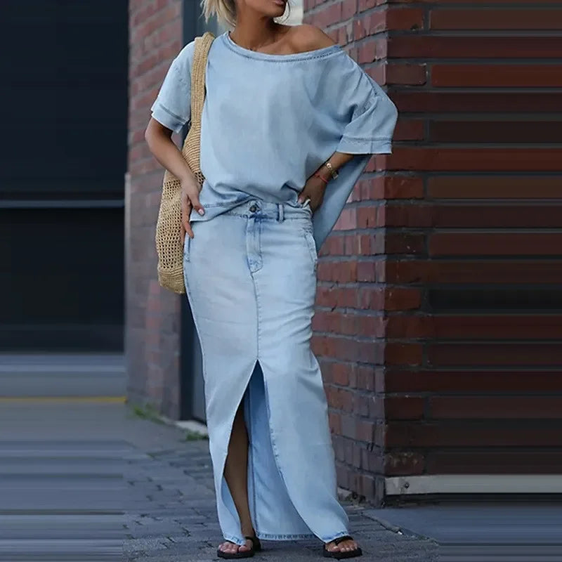 Capri Bleu™ Set mit Asymmetrischem Oberteil und Leichtem Jeansrock