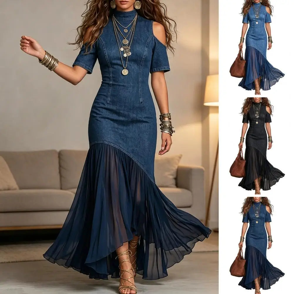 Montclair™ Maxikleid aus Premium-Denim mit Schulterfreien Ärmeln und Fließendem Transparentem Rock