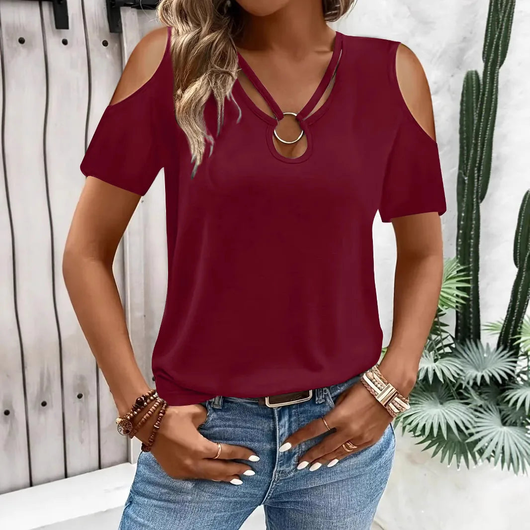 Bluse Lorenie™ mit Freien Schultern, Überkreuztem V-Ausschnitt und Dekorativem Metallring