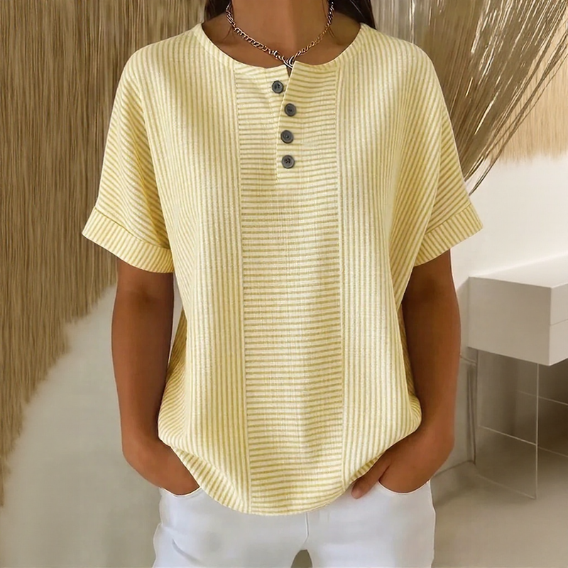 Euddora™ T-Shirt Mit Feinen Streifen und Knopfleiste