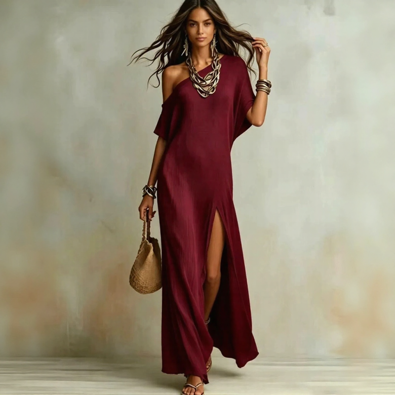 Kleid Velmara™ mit Asymmetrischem Ausschnitt und Elegantem Frontschlitz