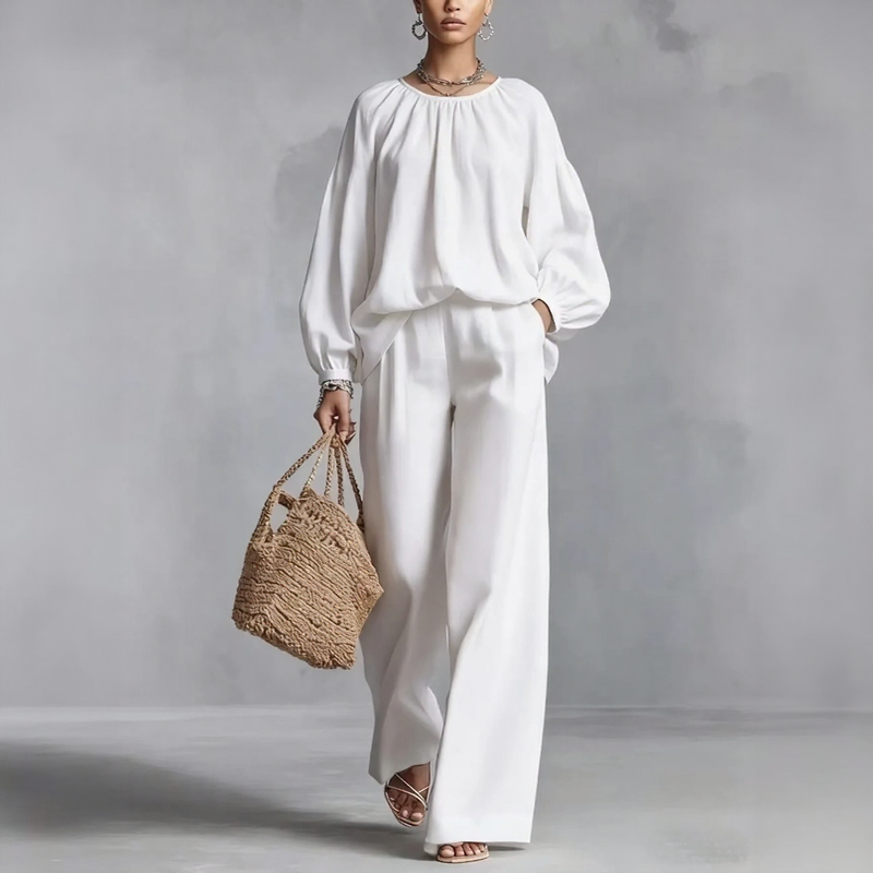 Zweiteiliges Set Valdora™ mit Puffärmel-Bluse und Weit Geschnittener Hose