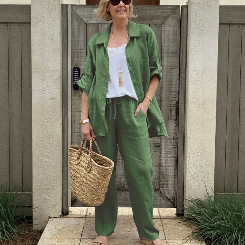 Yasmine™ Baumwoll-Leinen-Set mit Button-down-Hemd und verstellbaren Ärmeln