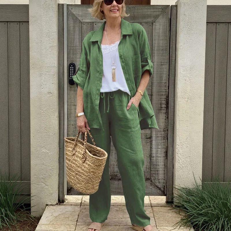 Yasmine™ Baumwoll-Leinen-Set mit Button-down-Hemd und verstellbaren Ärmeln