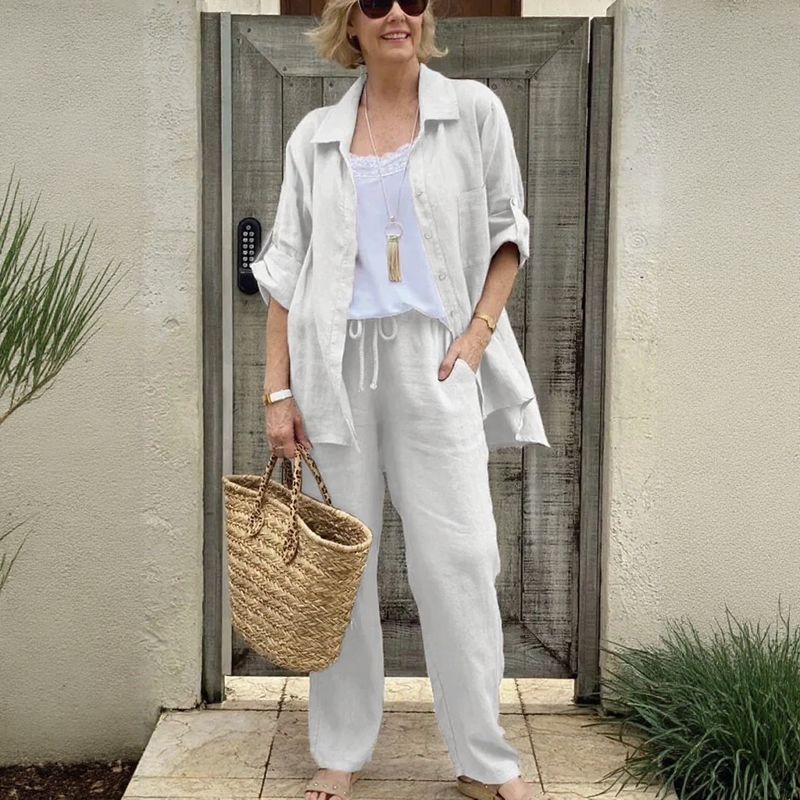 Yasmine™ Baumwoll-Leinen-Set mit Button-down-Hemd und verstellbaren Ärmeln