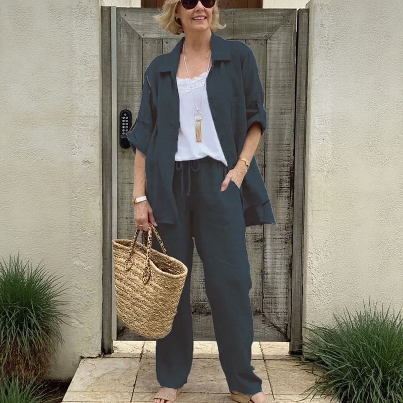 Yasmine™ Baumwoll-Leinen-Set mit Button-down-Hemd und verstellbaren Ärmeln