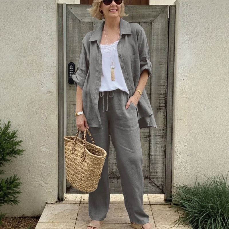 Yasmine™ Baumwoll-Leinen-Set mit Button-down-Hemd und verstellbaren Ärmeln
