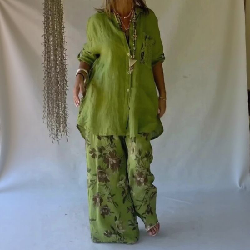 Chloe™ Zweiteiliges Set mit lockerem Hemd und eleganter floraler Pantalonahose
