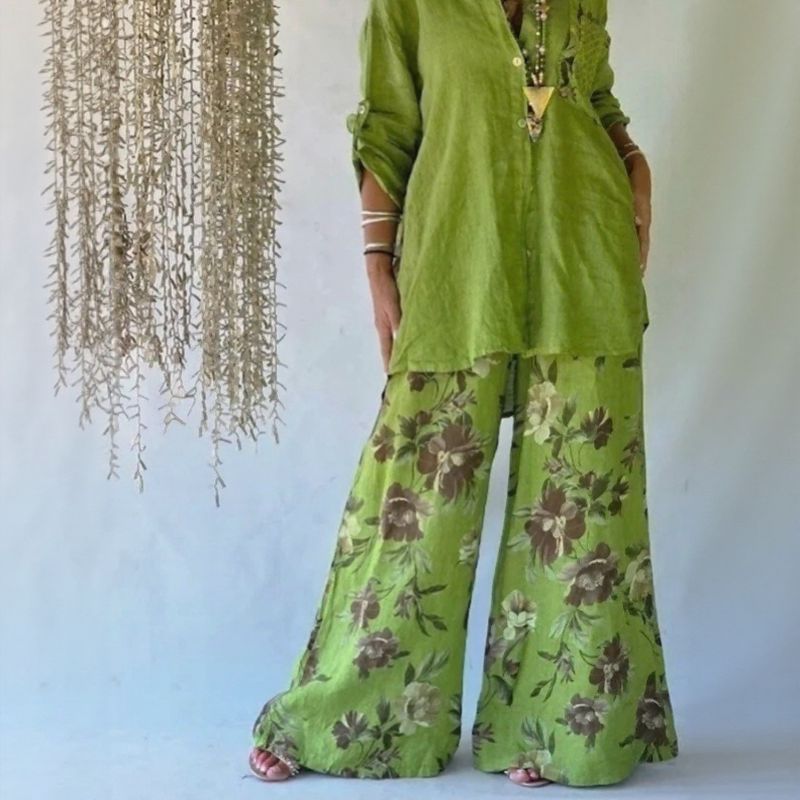 Chloe™ Zweiteiliges Set mit lockerem Hemd und eleganter floraler Pantalonahose