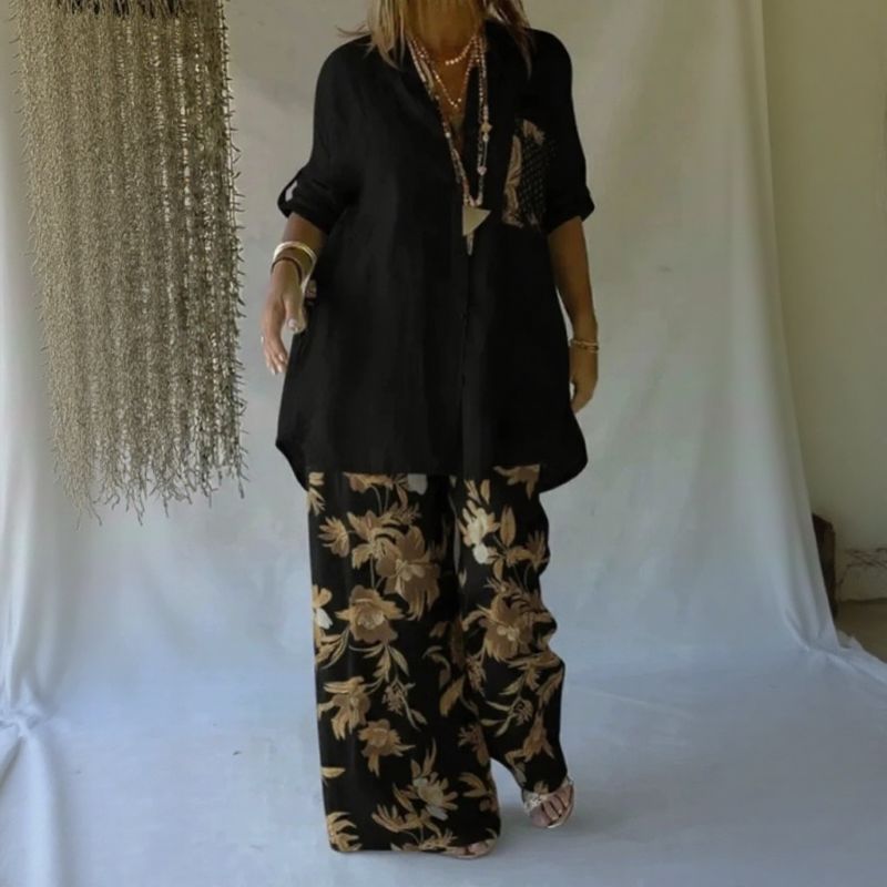Chloe™ Zweiteiliges Set mit lockerem Hemd und eleganter floraler Pantalonahose