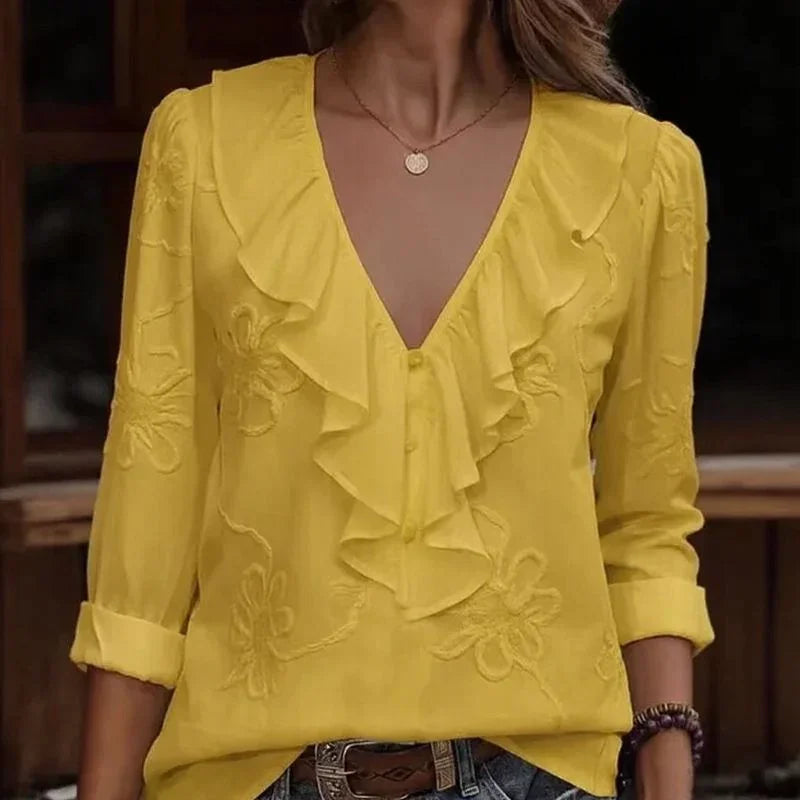 Anneliese™ Bluse mit V-Ausschnitt, Frontvolants und floraler Stickerei