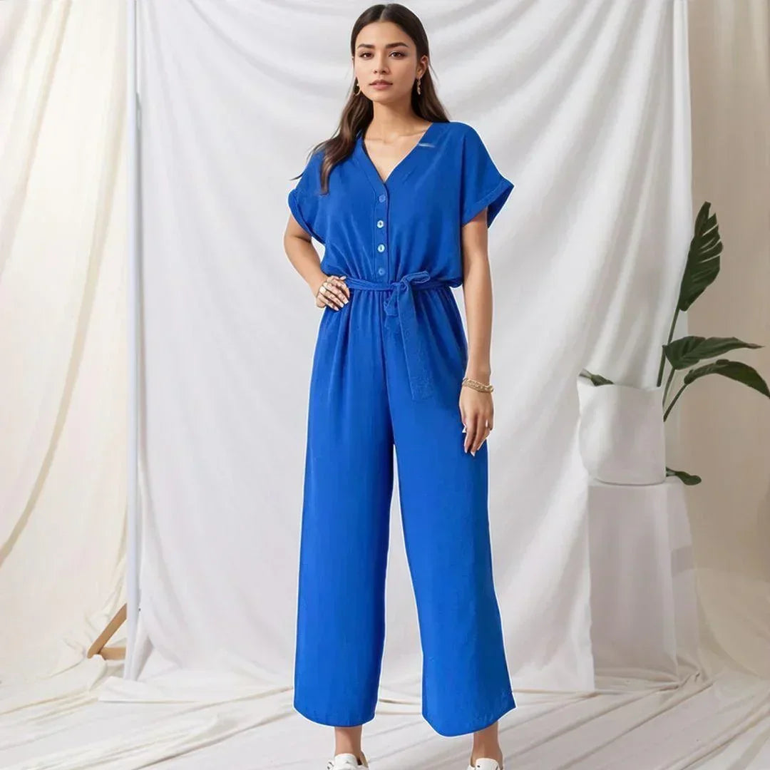Evelyne™ Jumpsuit aus Soft-Stoff mit Knöpfen und Bindegürtel