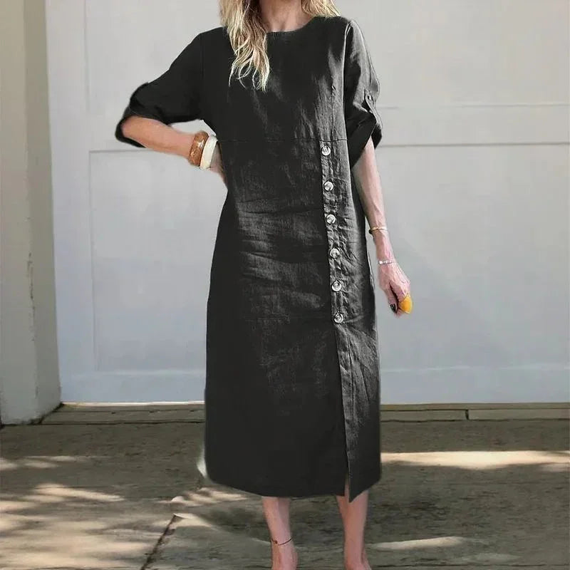 Adelie™ Baumwoll-Leinenkleid mit seitlichen Knöpfen und raffiniertem Schlitz / Bewegung und Eleganz in der richtigen Dosierung!