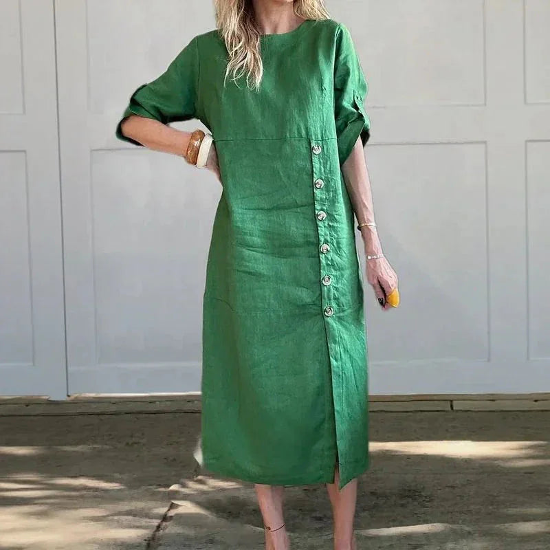 Adelie™ Baumwoll-Leinenkleid mit seitlichen Knöpfen und raffiniertem Schlitz / Bewegung und Eleganz in der richtigen Dosierung!