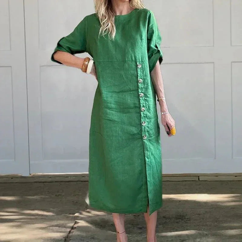 Adelie™ Baumwoll-Leinenkleid mit seitlichen Knöpfen und raffiniertem Schlitz / Bewegung und Eleganz in der richtigen Dosierung!