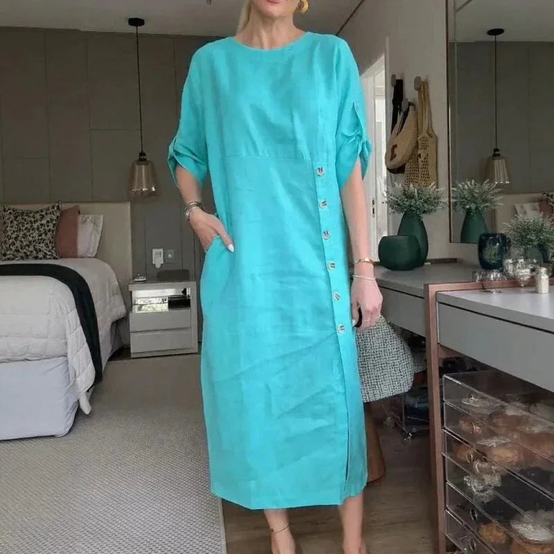 Adelie™ Baumwoll-Leinenkleid mit seitlichen Knöpfen und raffiniertem Schlitz / Bewegung und Eleganz in der richtigen Dosierung!
