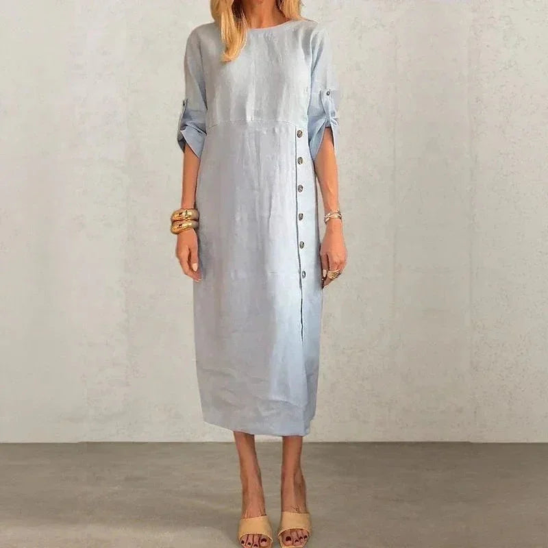 Adelie™ Baumwoll-Leinenkleid mit seitlichen Knöpfen und raffiniertem Schlitz / Bewegung und Eleganz in der richtigen Dosierung!