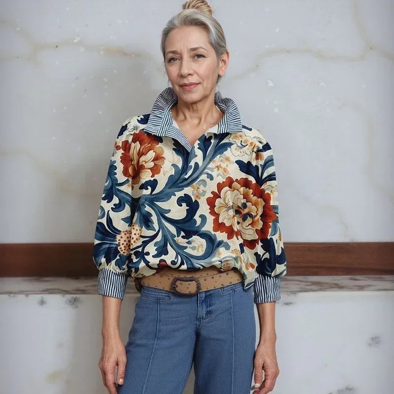 Allura™ Bluse mit Gestreiftem Hemdkragen und Riviera-Inspiriertem Art-Print / Lässige Eleganz mit Feinem Design