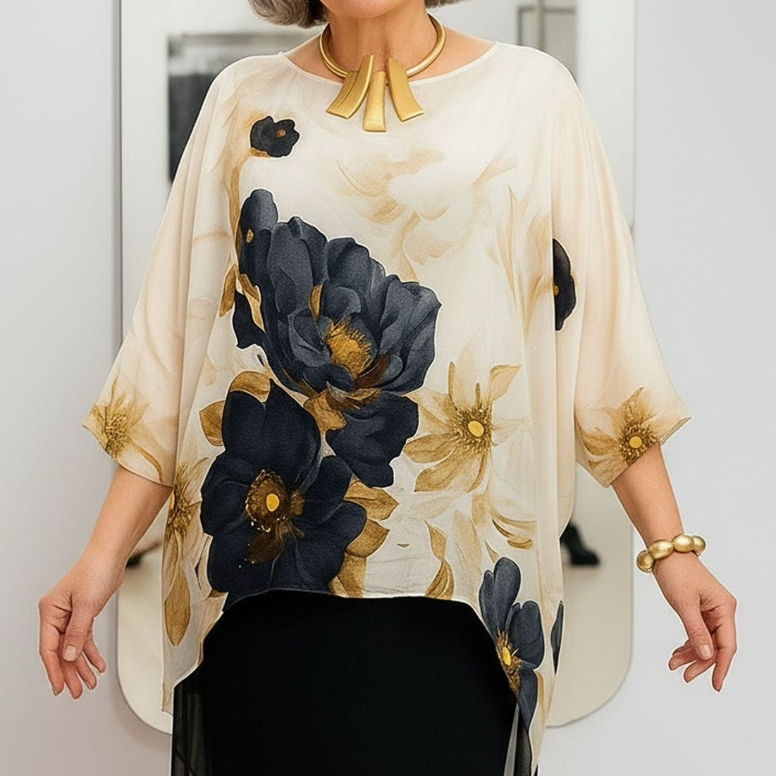 GoldLine™ Bluse mit Atemberaubendem Blumenprint und Weiten Ärmeln / Zeitlose Eleganz bei Jeder Bewegung!
