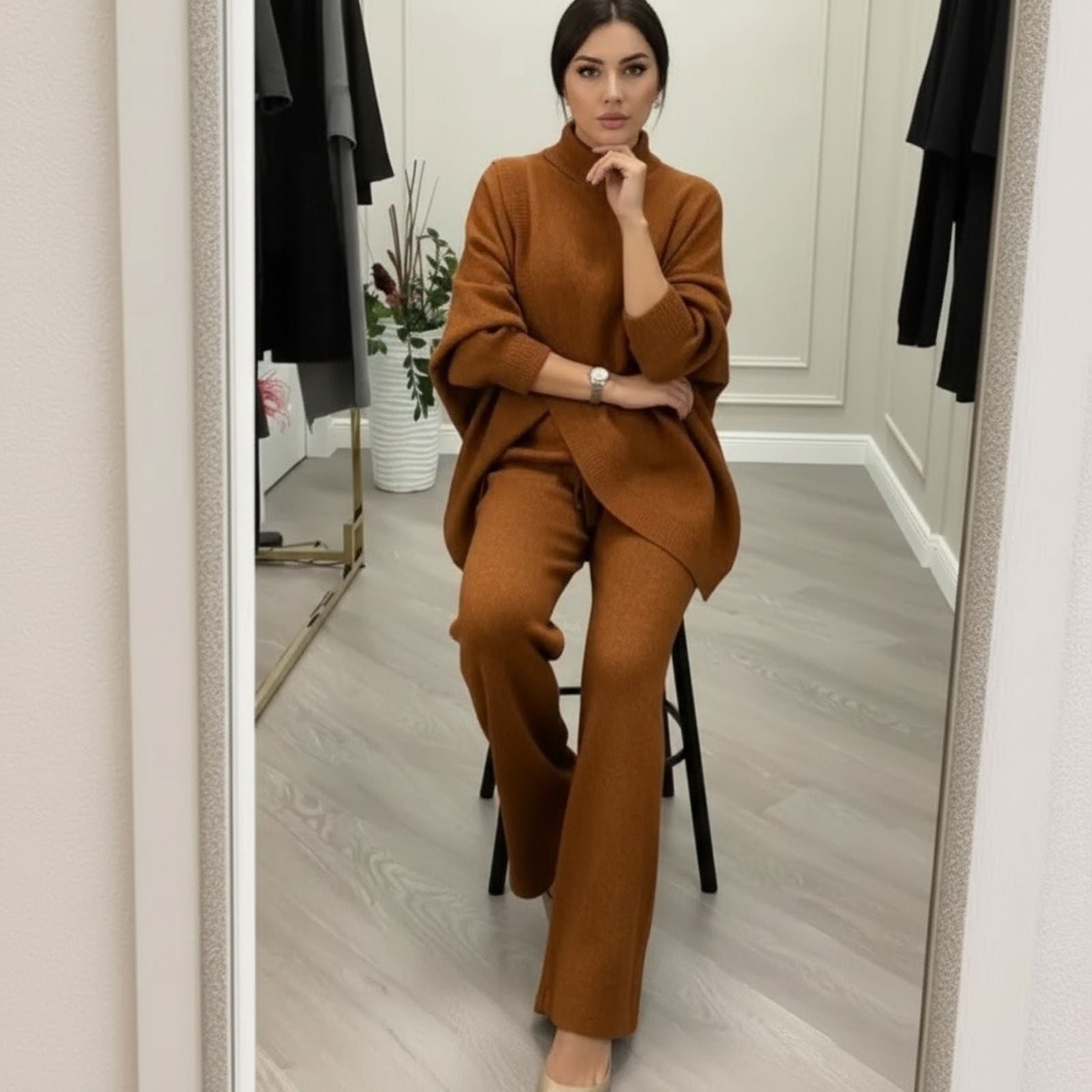 LyraKnit™ - Set aus Hochwertigem Strick mit Strukturierter Oversize-Bluse und Gerader Hose – Natürliche Eleganz!