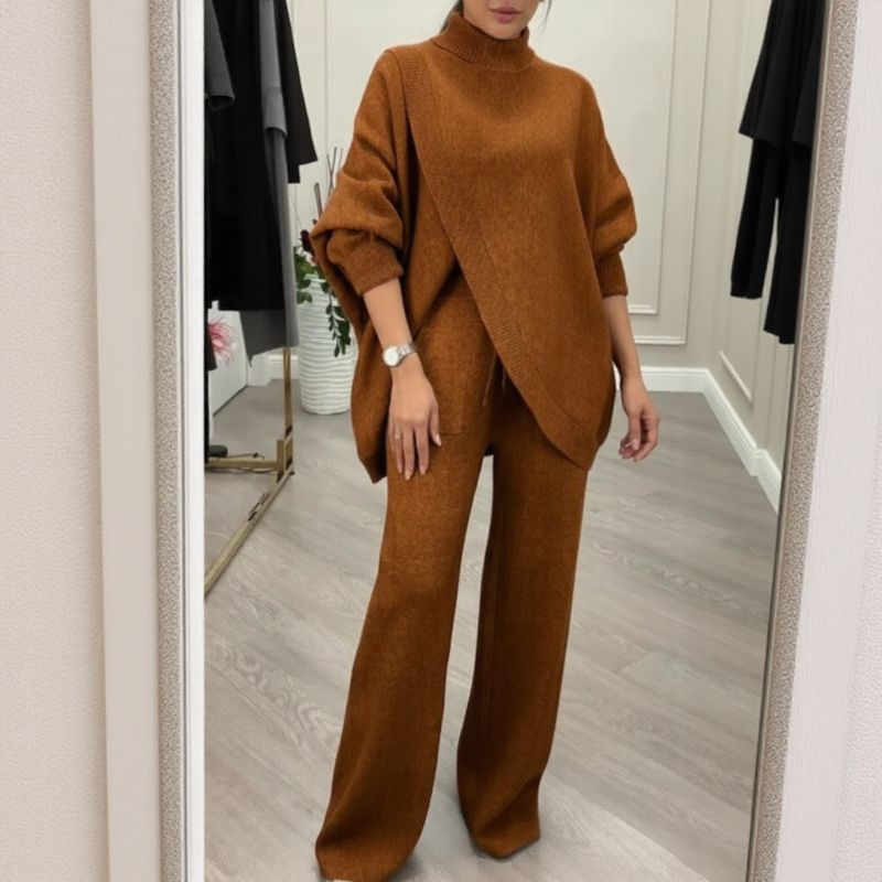 LyraKnit™ - Set aus Hochwertigem Strick mit Strukturierter Oversize-Bluse und Gerader Hose – Natürliche Eleganz!