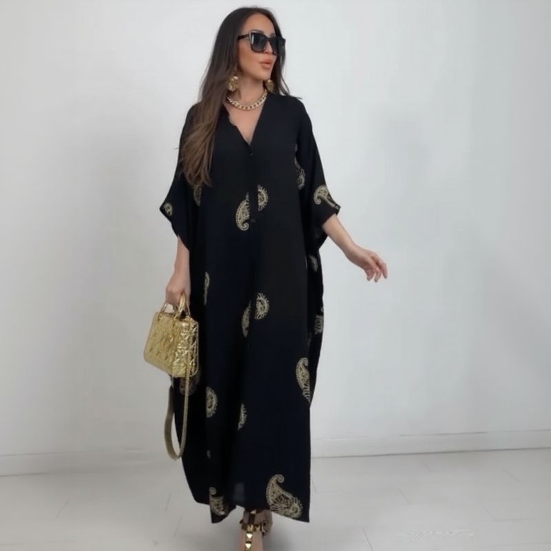 Zahara™-Kleid aus fließender Viskose mit goldenen Verzierungen / Skulpturale Eleganz für Frauen mit beeindruckender Ausstrahlung!