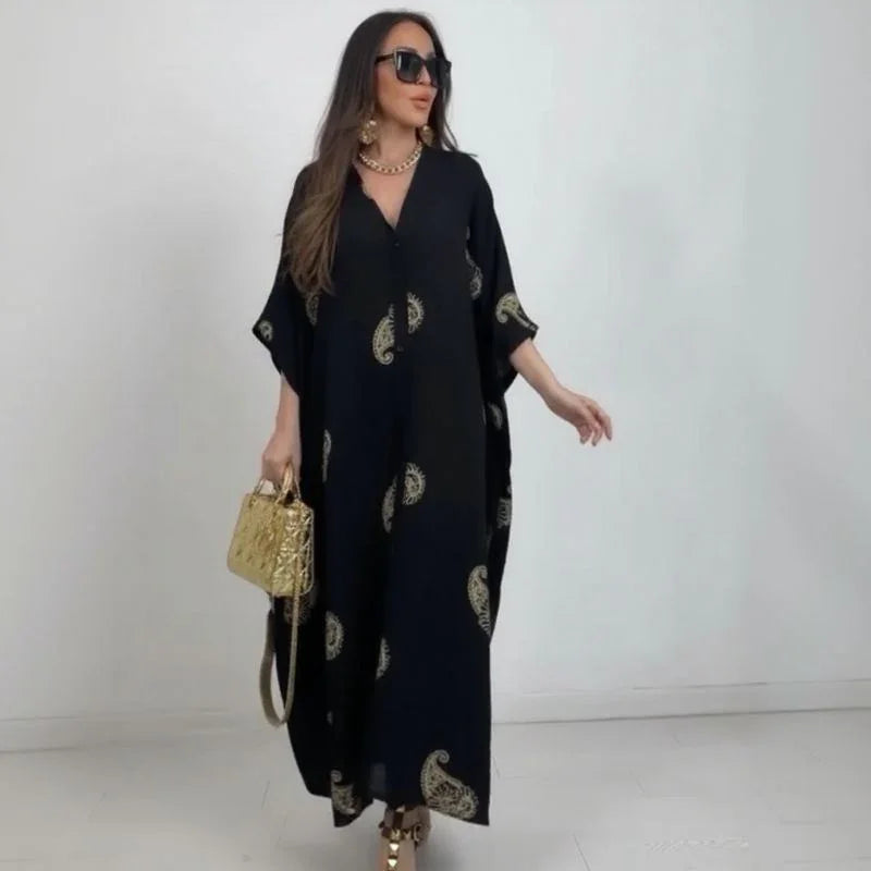 Zahara™-Kleid aus fließender Viskose mit goldenen Verzierungen / Skulpturale Eleganz für Frauen mit beeindruckender Ausstrahlung!