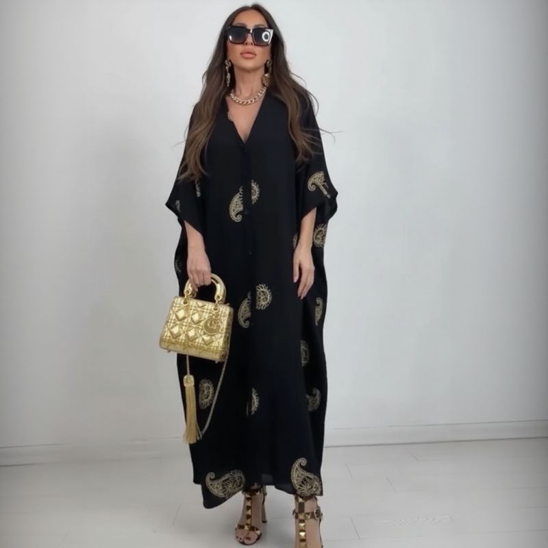 Zahara™-Kleid aus fließender Viskose mit goldenen Verzierungen / Skulpturale Eleganz für Frauen mit beeindruckender Ausstrahlung!