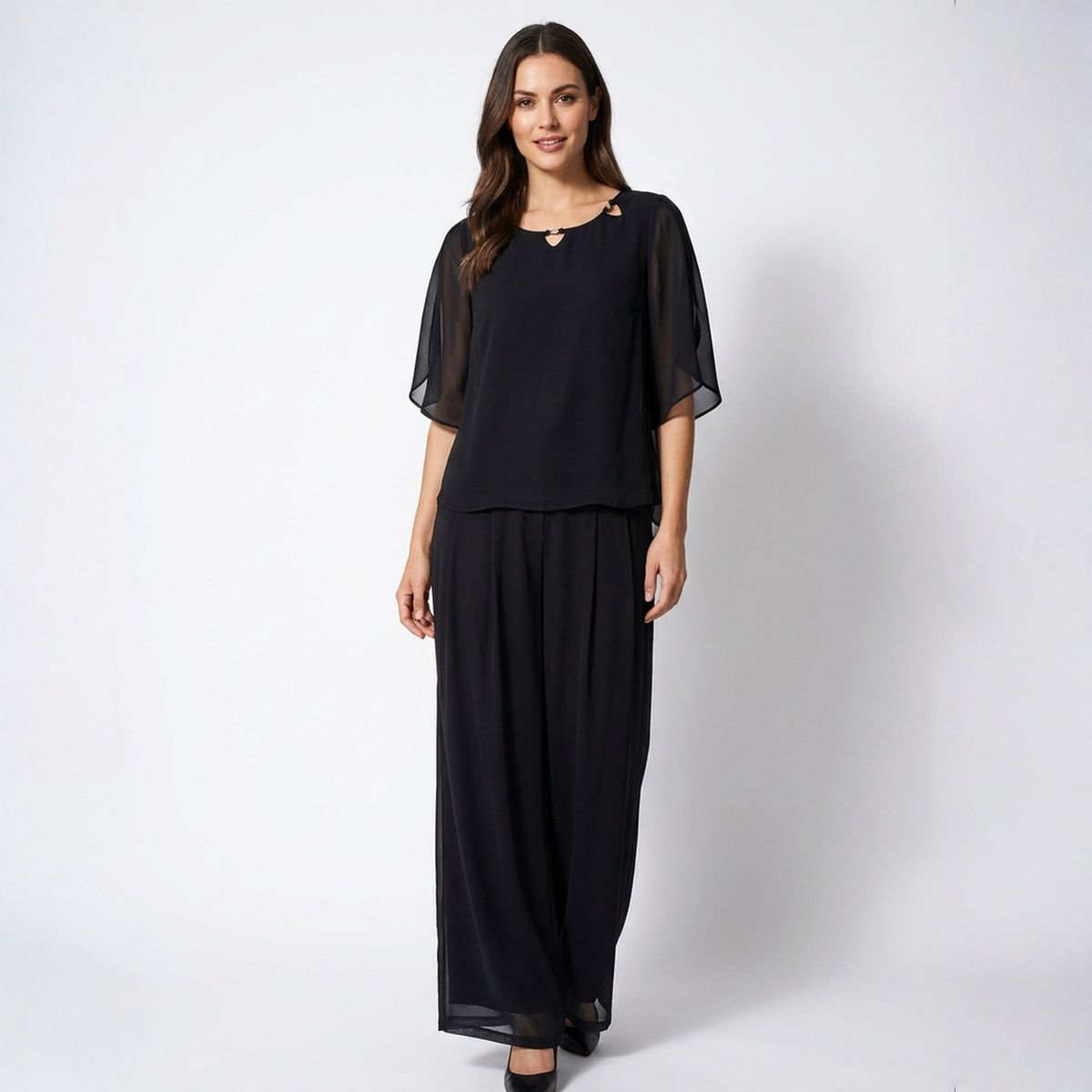 Elara™ Elegantes Popeline-Set mit Raffiniertem Ausschnitt und Langer Hose