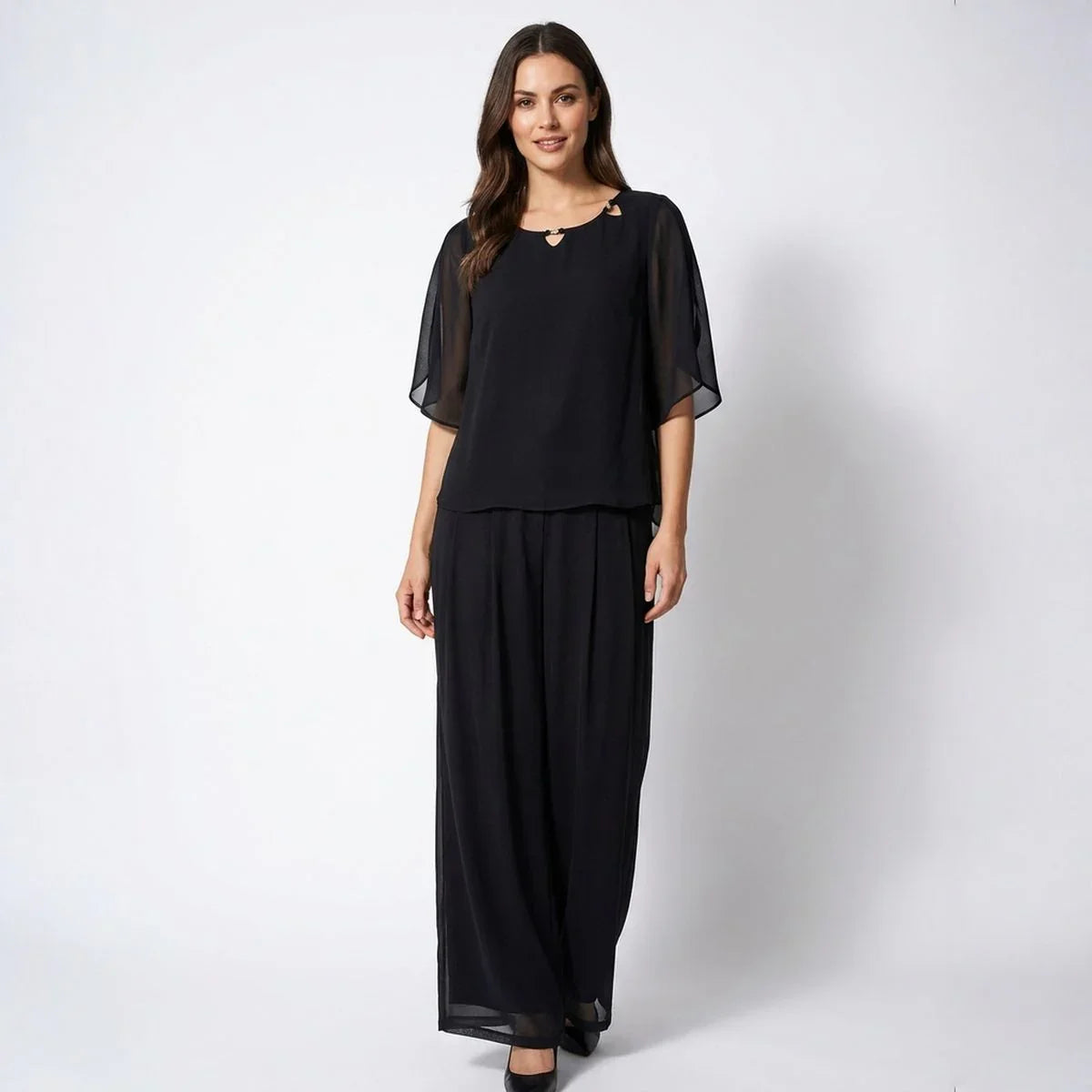 Elara™ Elegantes Popeline-Set mit Raffiniertem Ausschnitt und Langer Hose