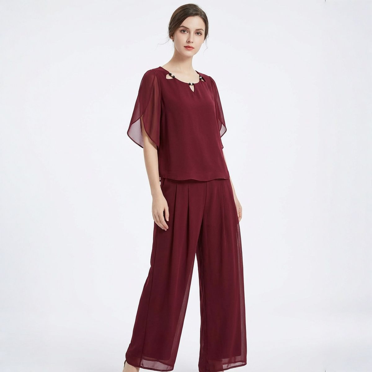 Elara™ Elegantes Popeline-Set mit Raffiniertem Ausschnitt und Langer Hose