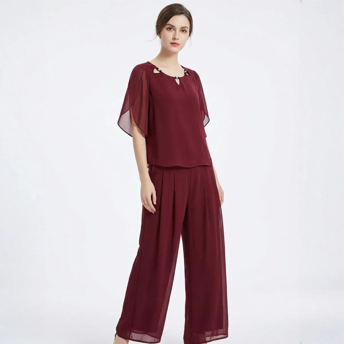 Elara™ Elegantes Popeline-Set mit Raffiniertem Ausschnitt und Langer Hose