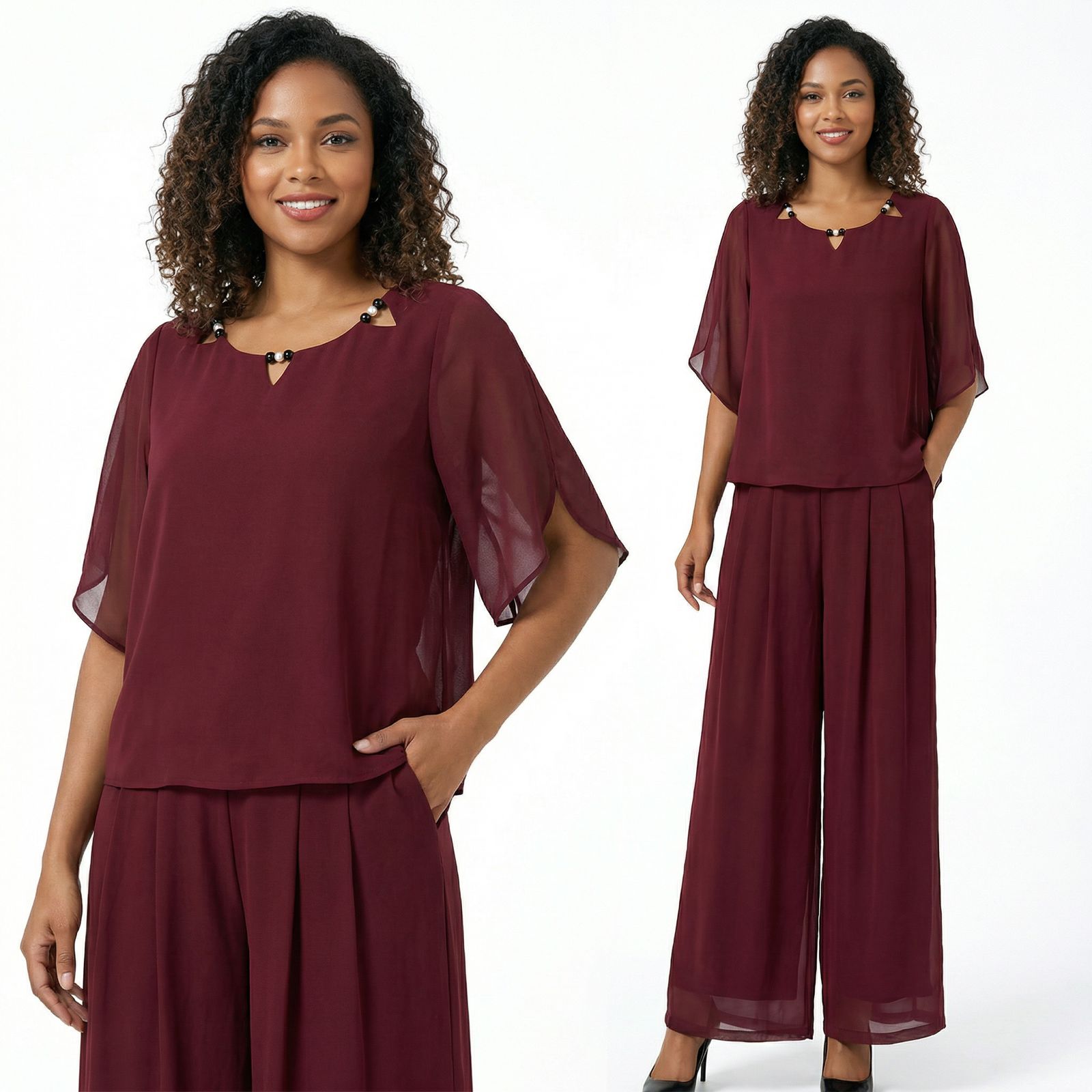 Elara™ Elegantes Popeline-Set mit Raffiniertem Ausschnitt und Langer Hose