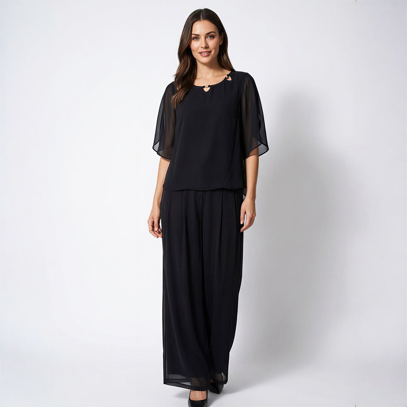 Elara™ Elegantes Popeline-Set mit Raffiniertem Ausschnitt und Langer Hose