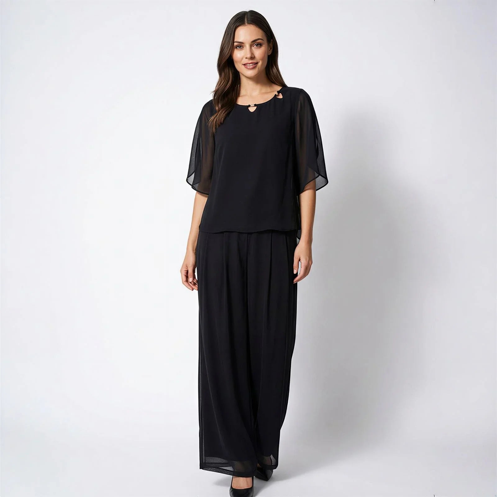 Elara™ Elegantes Popeline-Set mit Raffiniertem Ausschnitt und Langer Hose