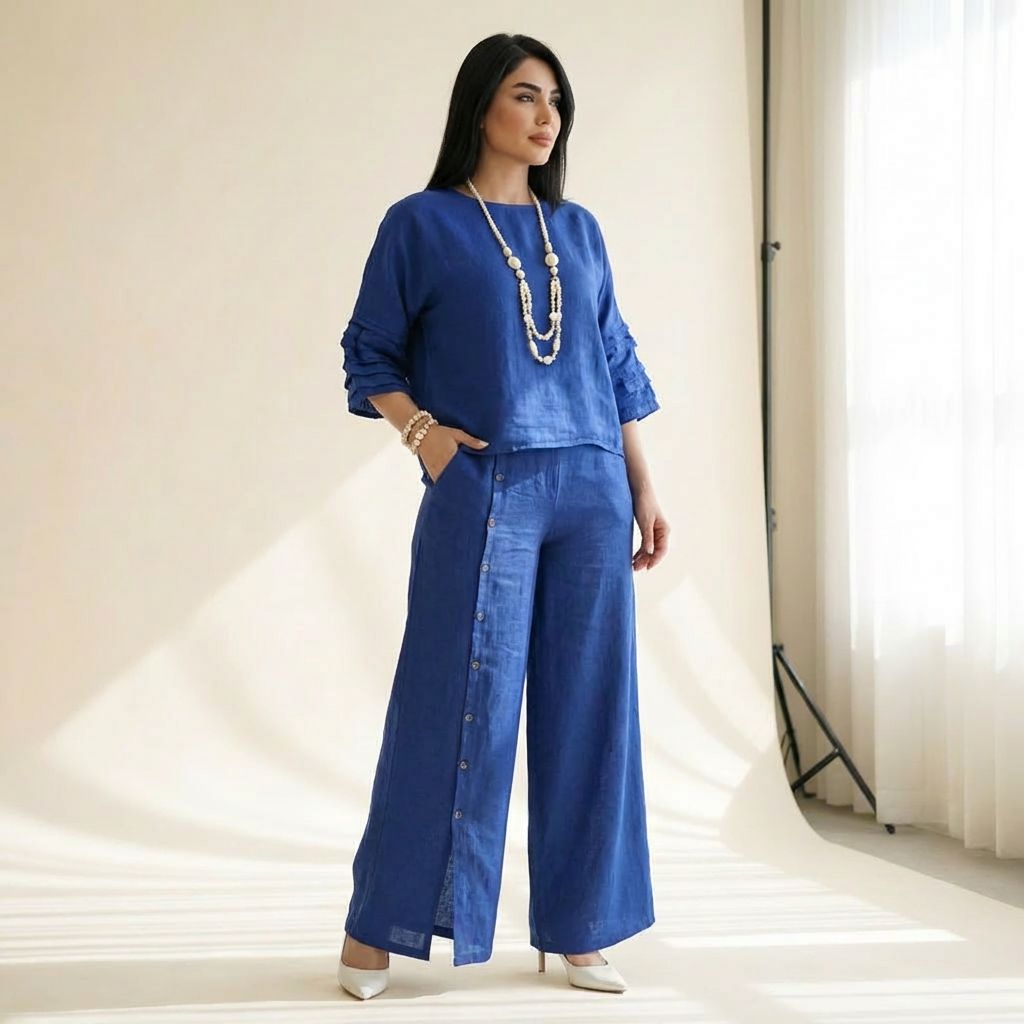Roots™ Baumwoll-Leinen-Set mit Lockerem Oberteil und Eleganter Weit Geschnittener Hose