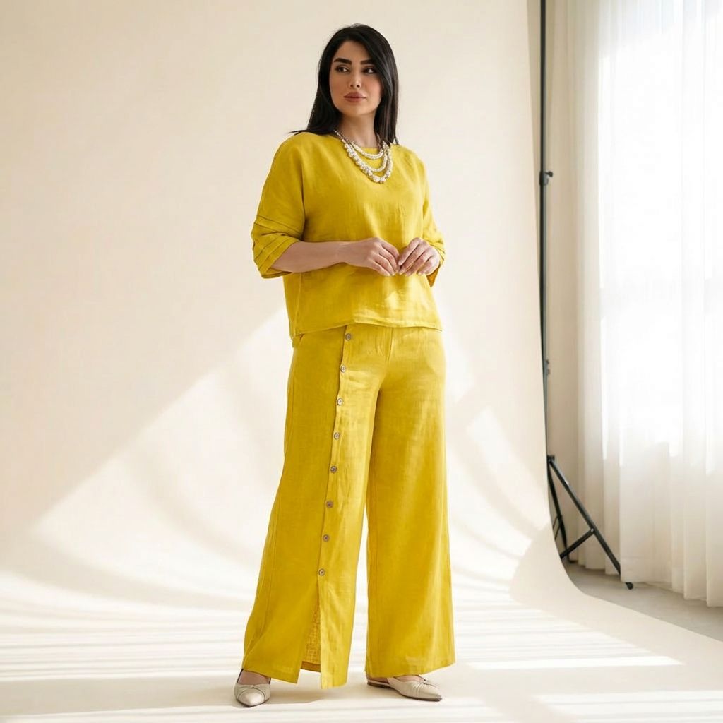 Roots™ Baumwoll-Leinen-Set mit Lockerem Oberteil und Eleganter Weit Geschnittener Hose