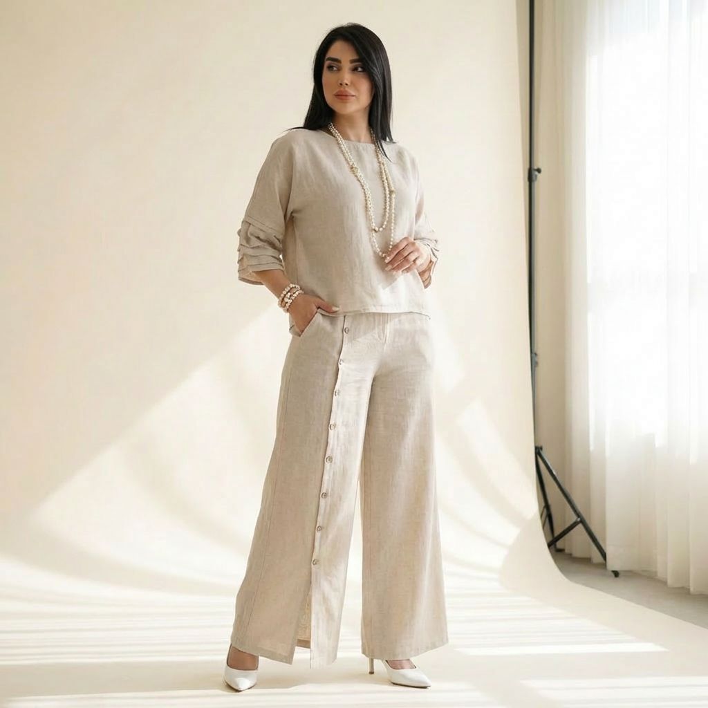 Roots™ Baumwoll-Leinen-Set mit Lockerem Oberteil und Eleganter Weit Geschnittener Hose