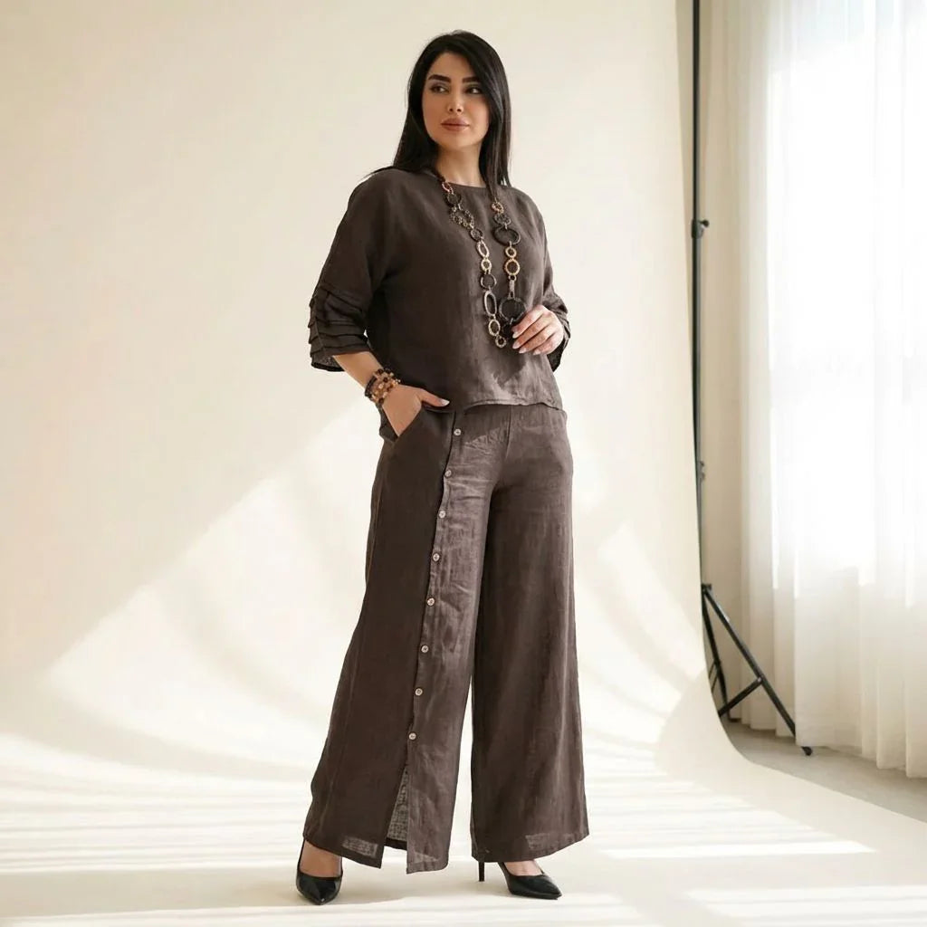 Roots™ Baumwoll-Leinen-Set mit Lockerem Oberteil und Eleganter Weit Geschnittener Hose