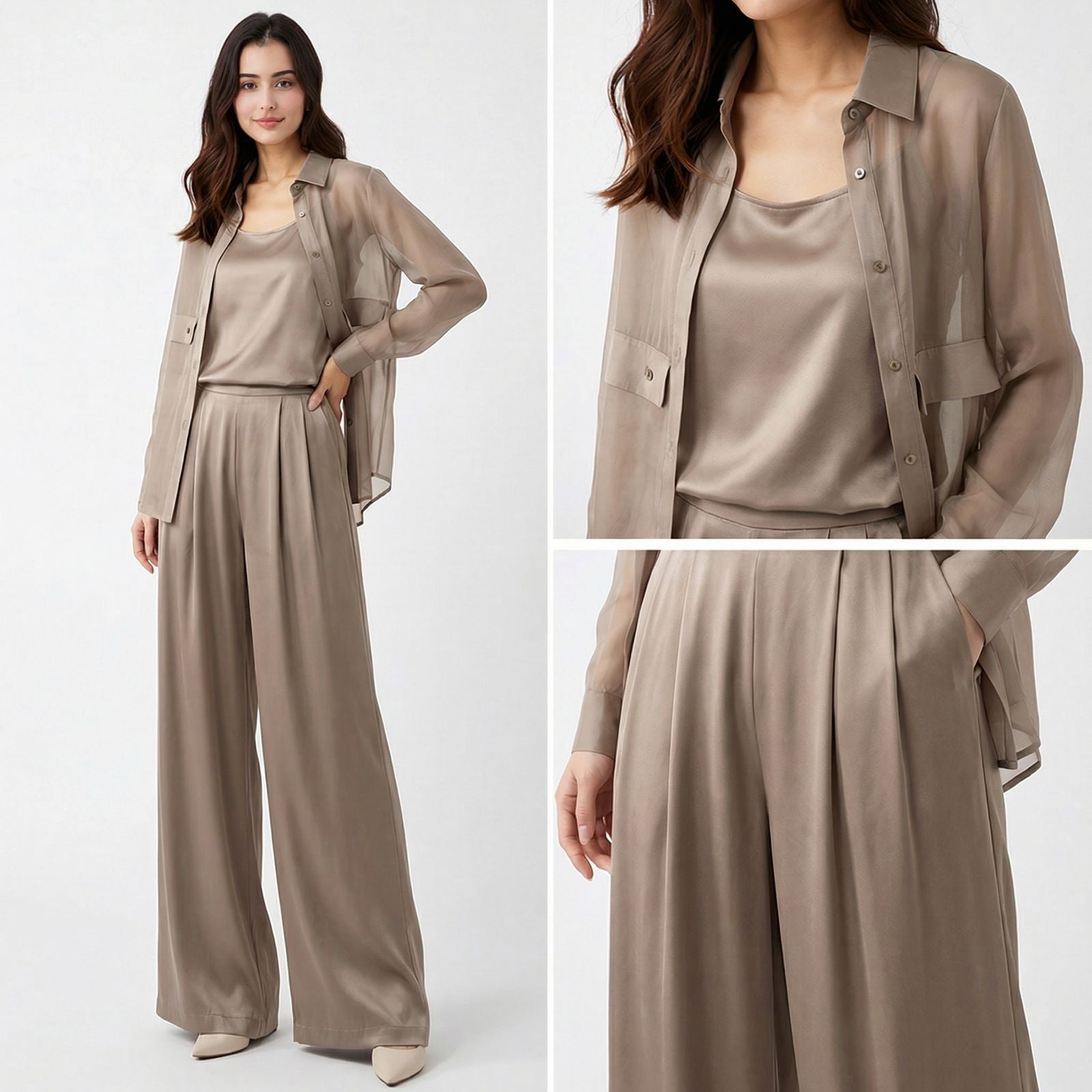 Seville Satin Touch™ 3-Teiliges Set mit Fließender Überwurfbluse und Weiter Hose