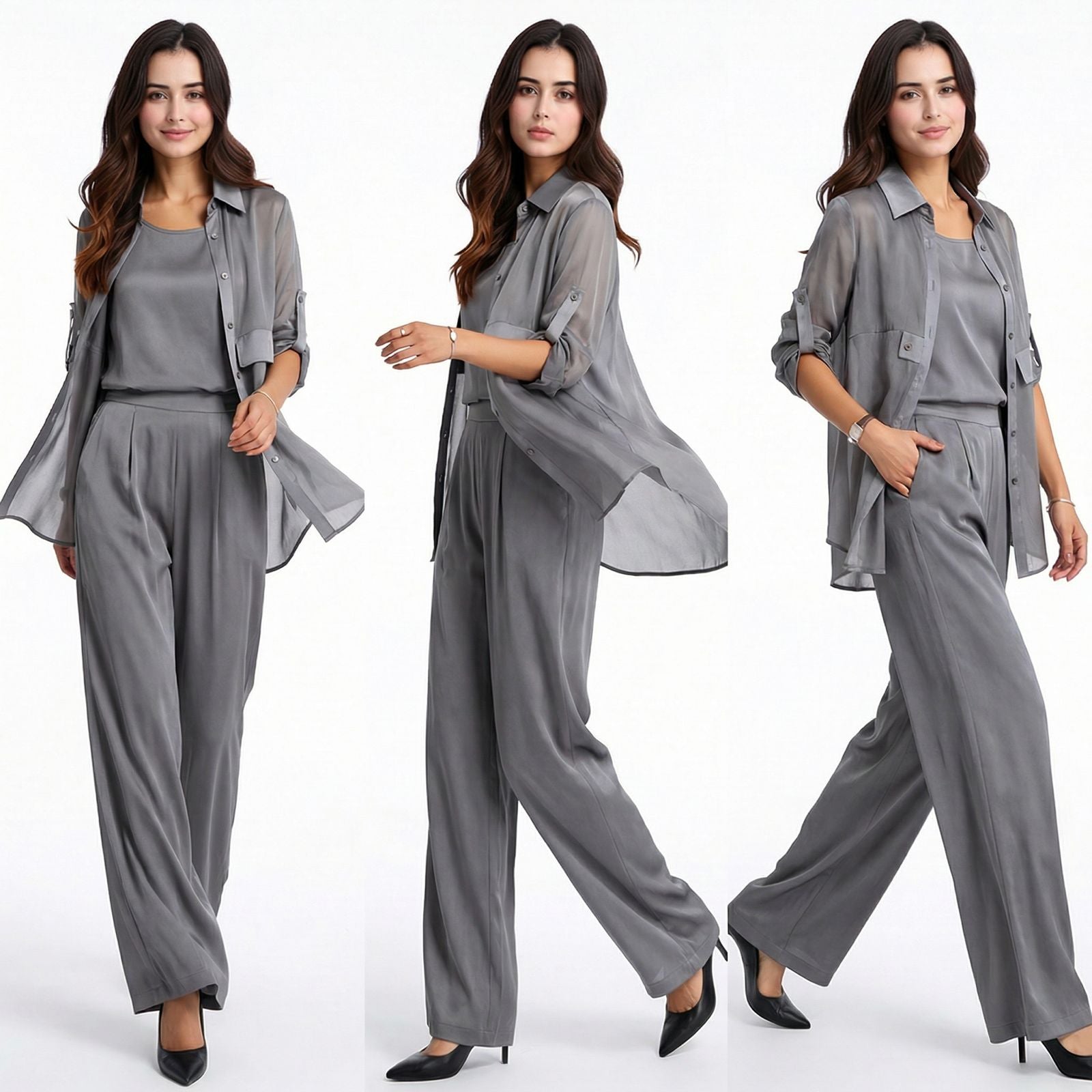 Seville Satin Touch™ 3-Teiliges Set mit Fließender Überwurfbluse und Weiter Hose