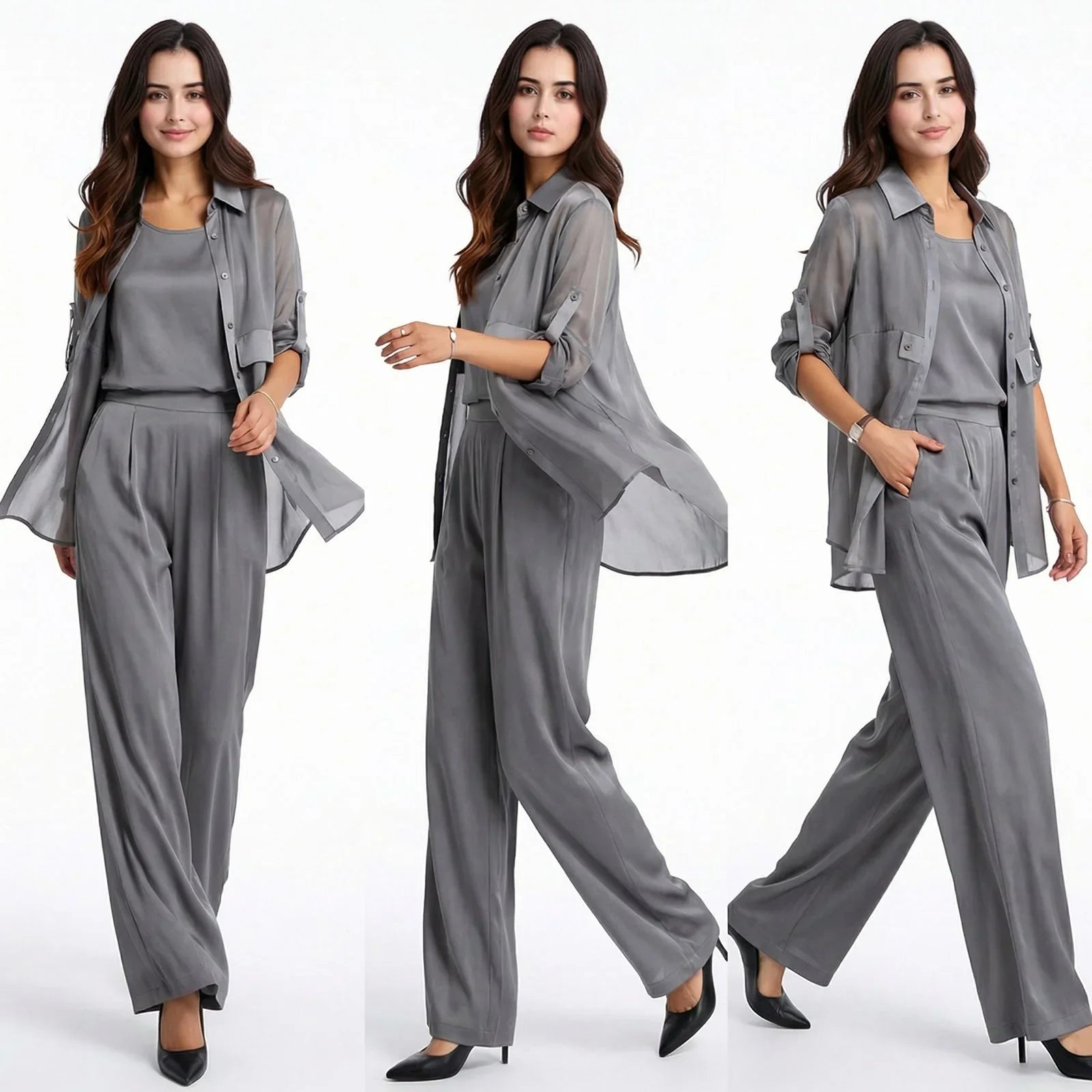 Seville Satin Touch™ 3-Teiliges Set mit Fließender Überwurfbluse und Weiter Hose