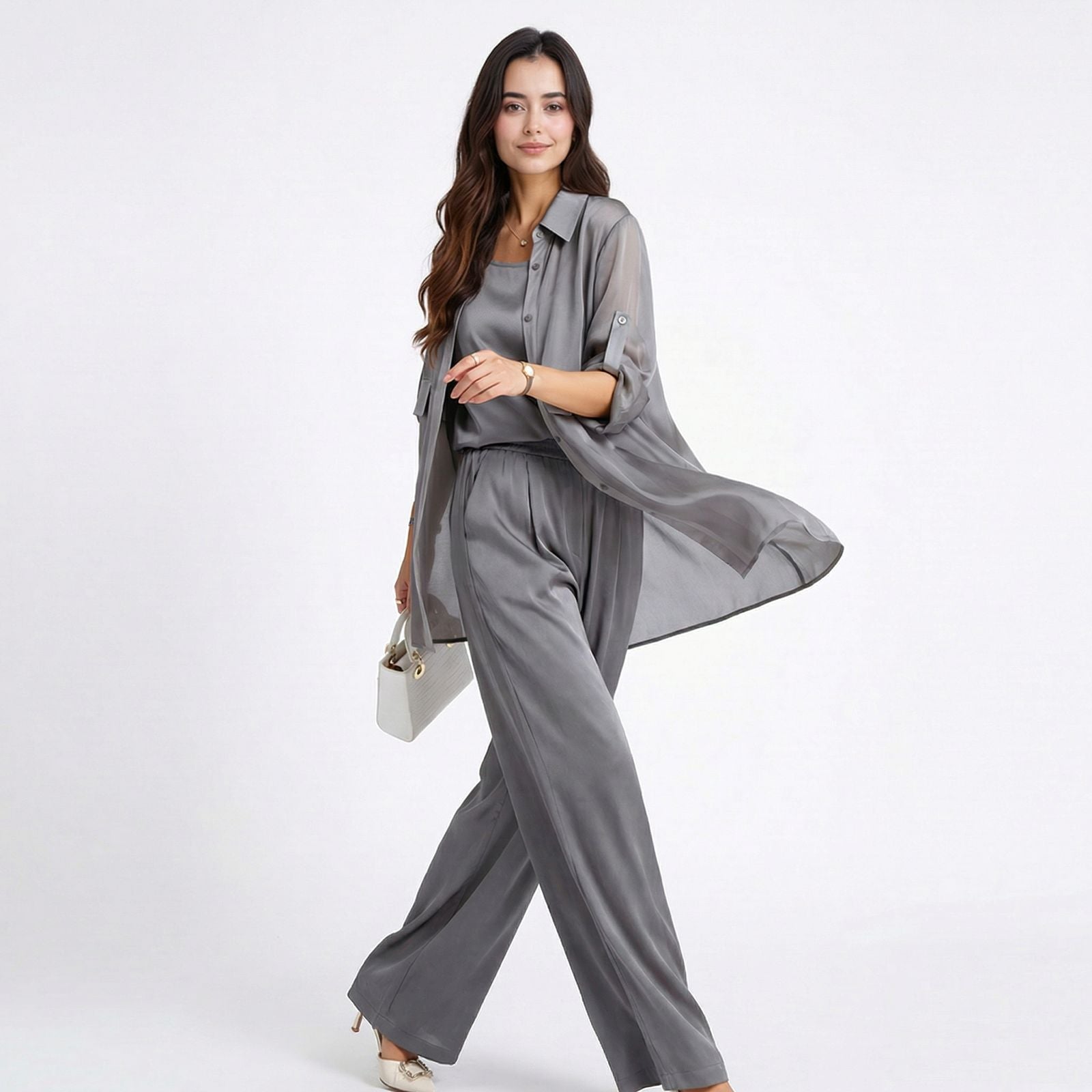 Seville Satin Touch™ 3-Teiliges Set mit Fließender Überwurfbluse und Weiter Hose
