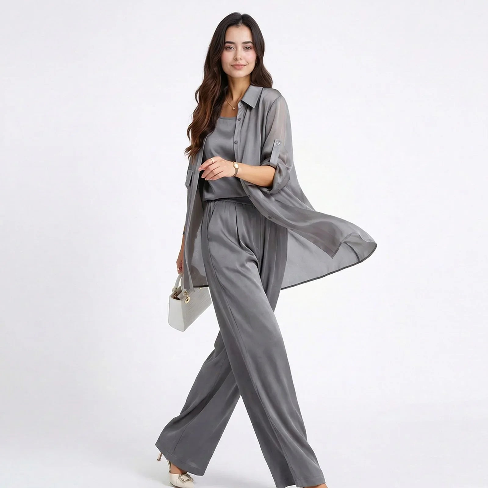 Seville Satin Touch™ 3-Teiliges Set mit Fließender Überwurfbluse und Weiter Hose