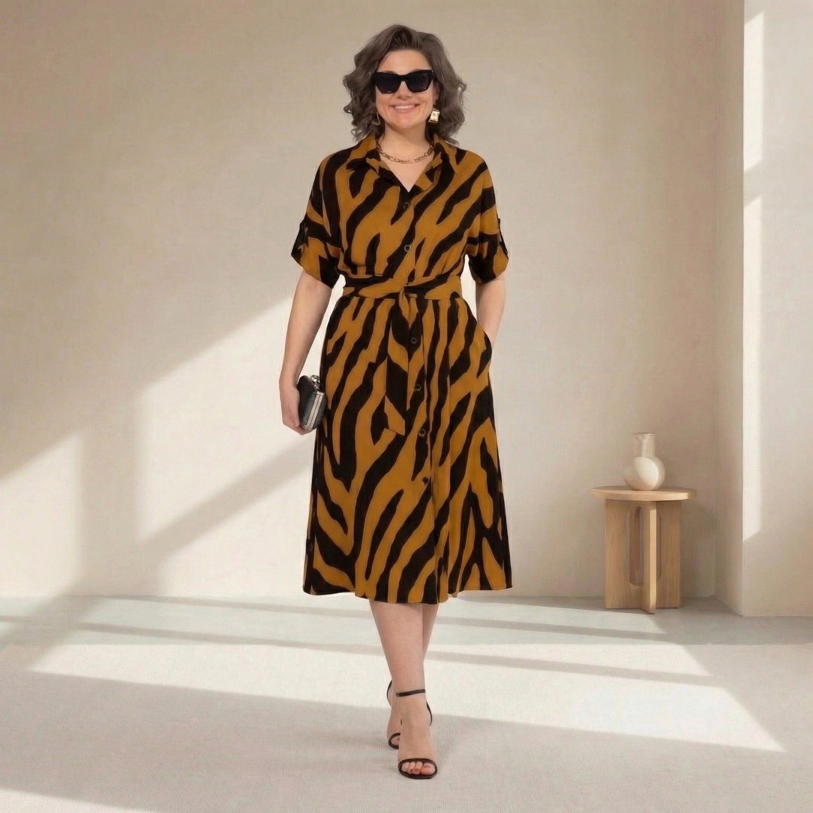 Elfenbein™ Zebra-Print-Maxikleid mit verstellbarer Taille