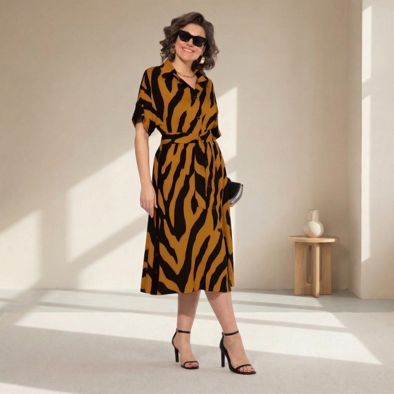 Elfenbein™ Zebra-Print-Maxikleid mit verstellbarer Taille