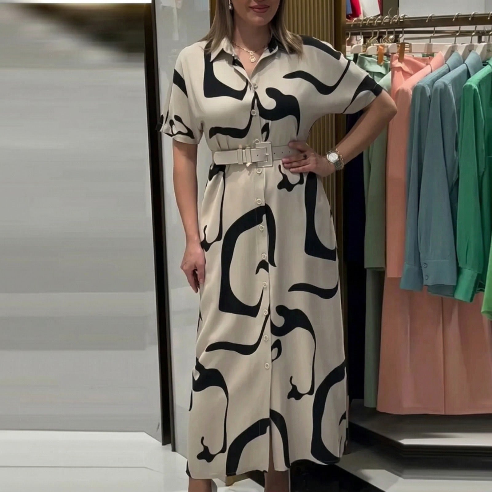 Arianna™ Gemustertes Hemdblusenkleid mit Verstellbarem Gürtel