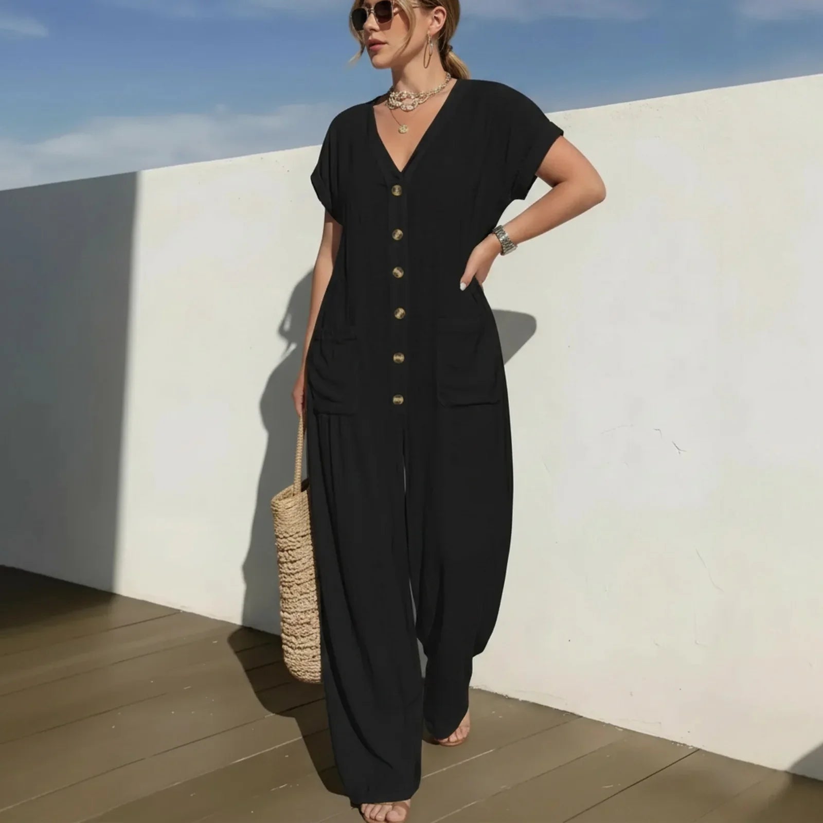 Cannes™ Jumpsuit mit Knopfleiste vorn und V-Ausschnitt